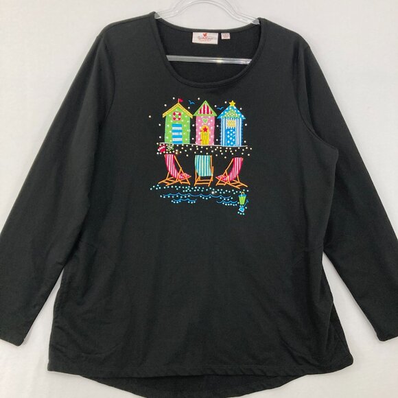 Quacker Factory Large Black Crew Neck Stretch Embroidered Vacation Print Top - Picture 1 of 9